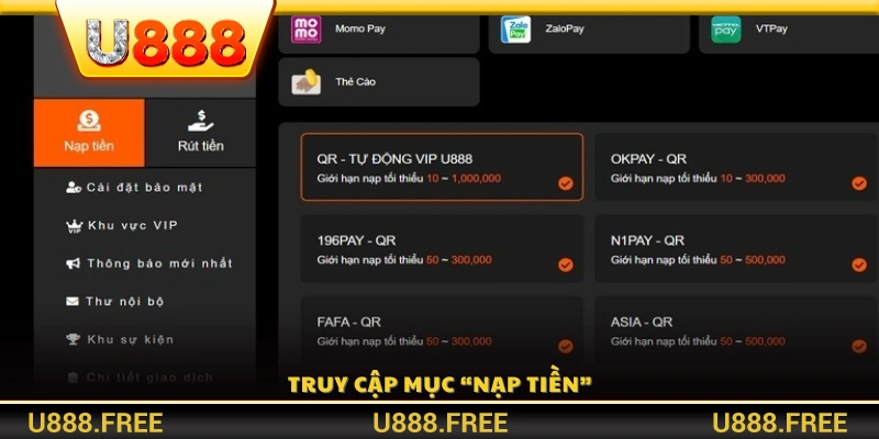 Chọn tính năng “Nạp tiền U888” trong giao diện chính